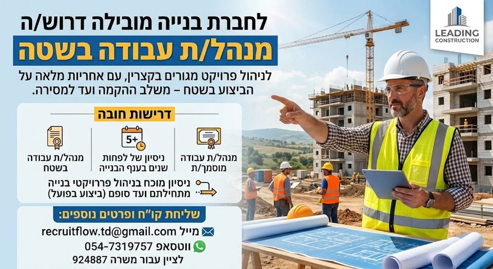 דרוש/ה מנהל/ת עבודה מנוסה לניהול פרויקט מגורים, בקצרין עם אחריות מלאה על הביצוע בשטח – משלב ההקמה ועד למסירה. התפקיד מיועד לאיש/אשת שטח מקצועי/ת, עם ניסיון מוכח בניהול פרויקטי בנייה בפועל, יכולת הובלת צוותים ועמידה בסטנדרטים גבוהים של איכות