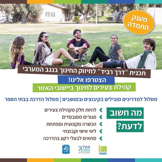 דרוש/ה את השלב הבא אחרי הצבא או הטיול? זה הזמן שלכם לקחת חלק במשימה הלאומית של הדור שלנו: *תוכנית 'דרך רביד'* מזמינה אתכם להוביל את שיקום חינוך הנוער והילדים בנגב המערבי. מה תקבלו אצלנו? * חיי קהילה תוססים עם צעירים וצעירות בגילכם (21 - 26)
