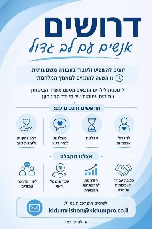 דרושים חונכים/ות לילדים הזכאים מטעם משרד הבטחון (יתומים ויתומות של משרד הביטחון ) נדרשת אחריות למשרה והתחייבות לשנה בצפון