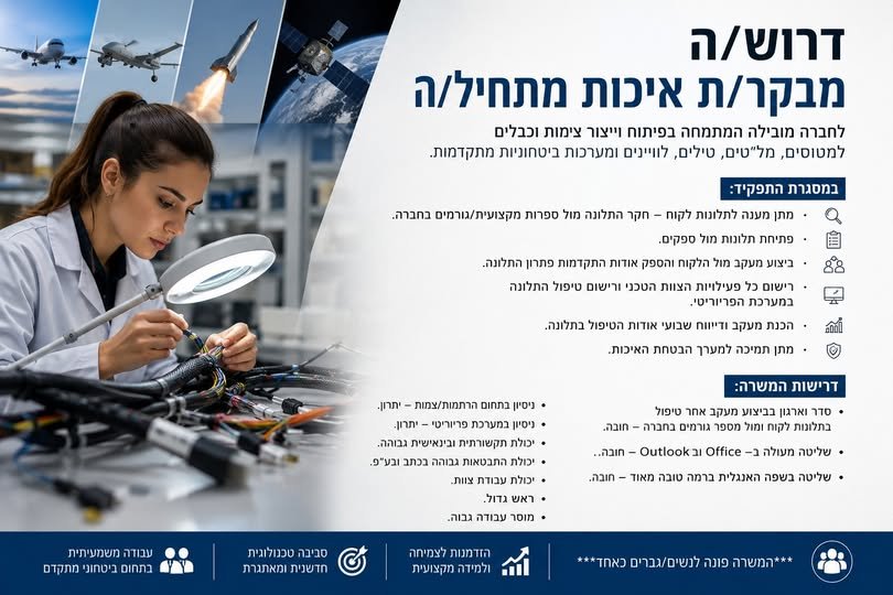 דרוש/ה מבקר/ת איכות מתחיל/ה** לחברה מובילה המתמחה בפיתוח וייצור צמות וכבלים למטוסים, מל
