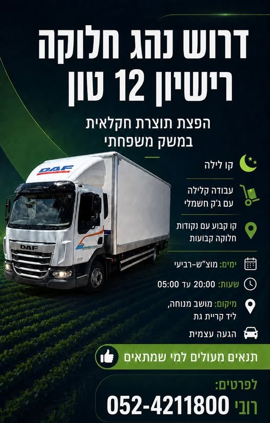 דרושים למשק שלנו נהג חלוקה רישיון 12 טון מאיזור קרית גת העבודה היא בקו לילה, עבודה קלילה עם ג׳ק חשמלי, קו קבוע עם נקודות חלוקה קבועות אהלן חברים, אנחנו מחפשים למשק שלנו נהג חלוקה רישיון 12 טון מאיזור קרית גת העבודה היא בקו לילה, עבודה קלילה