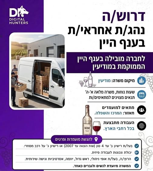 דרוש/ה נהגים/ות מודיעין תיאור המשרה לחברה מובילה בענף היין דרושים/ות נהגים/ות להפצה משרה מלאה וימים א' - ה'