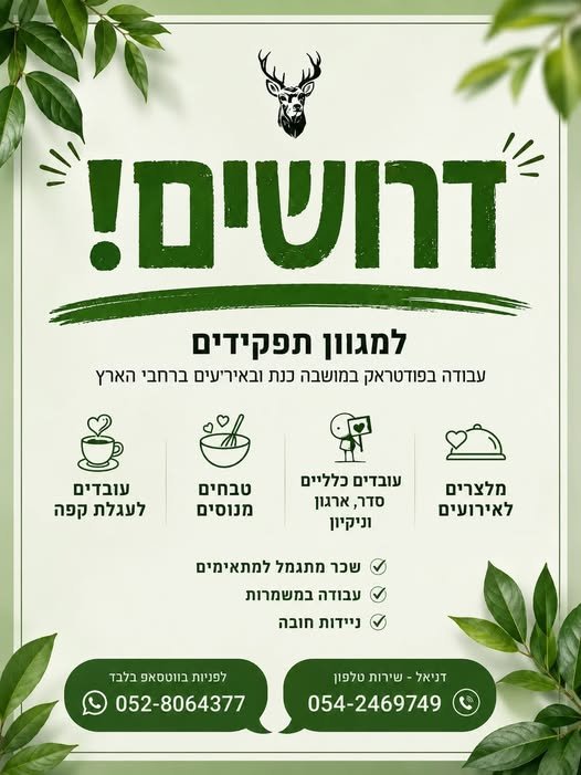 דרושים טבח/יות!! קרני חיטין שליד מושבה כינרת מטבח חלבי