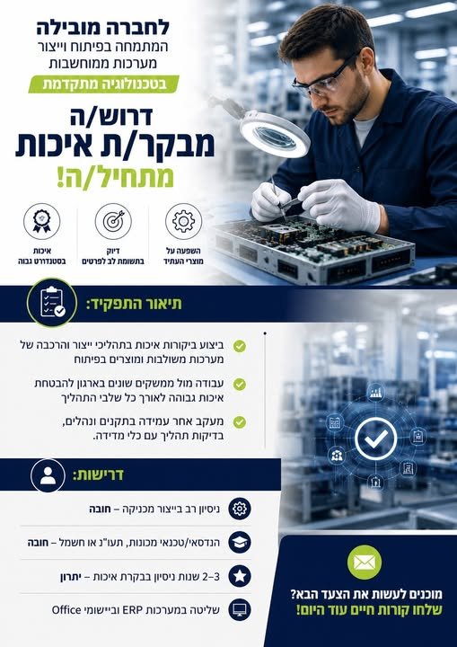 דרוש/ה מנהל/ת הבטחת איכות ומבקר/ת איכות במרכז