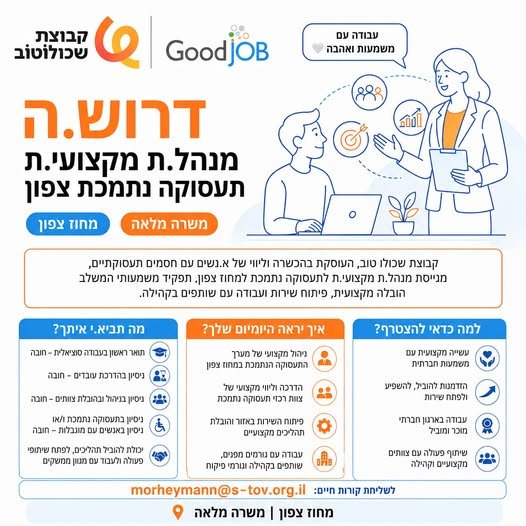 דרוש/ה.ה מנהל.ת מקצועי.ת תעסוקה נתמכת צפון מנייסת מנהל.ת מקצועי.ת לתעסוקה נתמכת למחוז צפון. תפקיד משמעותי המשלב. AY: מקצועית, פיתוח שירות ועבודה OY שותפים בקו לה למה כדאי להצטרף? איך יראה היומיום שלך? מה תביא.י איתך? ( ו הי 59 תררוש ובהאת - ת