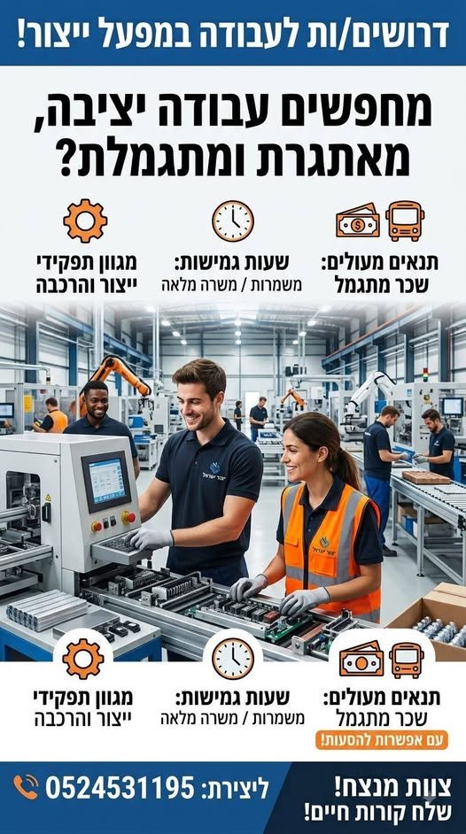 דרושים לעבודה במפעל ייצור! מחפשים עבודה יציבה, מאתגרת ומתגמלת? re) ag באשקלון