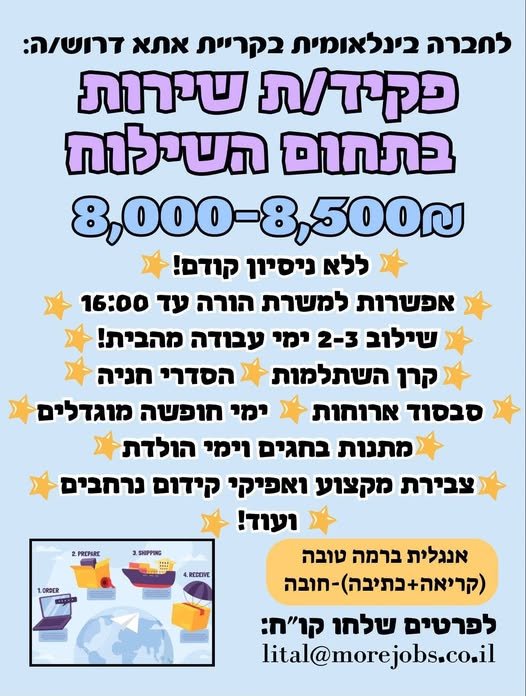 דרוש/ה פקיד/ת שירות בתחום השילוח! ללא ניסיון קודם! שילוב 2 - 3 ימי עבודה מהבית!