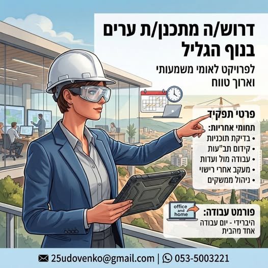 דרוש/ה: מתכנן/ת ערים ומומחה/ית לתכנון סטטוטורי מיקום: נוף הגליל (מודל היברידי) מחפשים/ות הזדמנות להשפיע על התכנון הסטטוטורי בישראל? מוזמנים/ות להצטרף לפרויקט לאומי חדש, משמעותי וארוך טווח, המיועד לקידום ופיתוח יישובים בצפון הארץ! תחומי אחרי