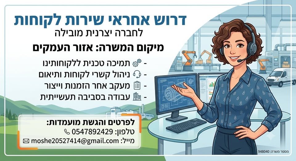 דרוש/ה אחראי/ת שירות לקוחות. תחומי אחריות: - קליטת הזמנות - ניהול התהליך מהגעת מוצרי הלקוח למפעל ועד בהעמקים
