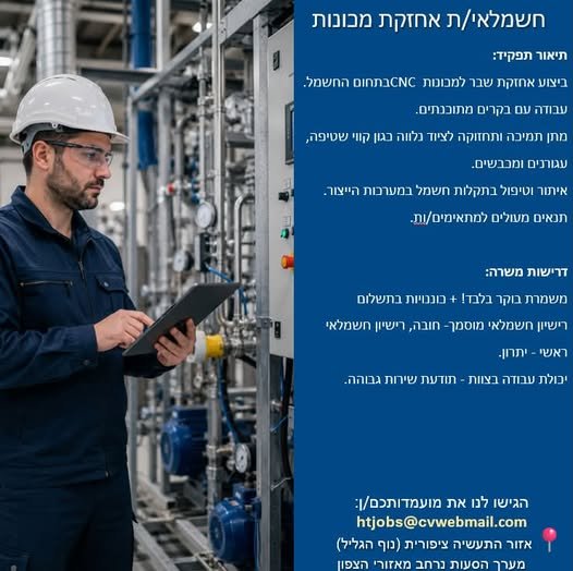 דרושים חשמלאי/ת אחזקת מכונות ל - UCT! מחפשים חשמלאי/ת לתפקיד משמעותי במערך האחזקה שלנו, הכולל טיפול ותחזוקה של מכונות CNC, איתור וטיפול בתקלות חשמל ועבודה עם בקרים מתוכנתים. אזור התעשייה ציפורית, נוף הגליל מערך הסעות נרחב מאזורי הצפון נשמע מ