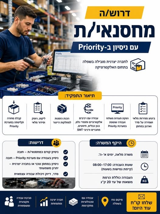 דרוש/ה מחסנאי/ת עם ניסיון ב - Priority** לחברה יצרנית מובילה בשפלה בתחום האלקטרוניקה דרוש/ה מחסנאי/ת לעבודה במחסן ממוחשב