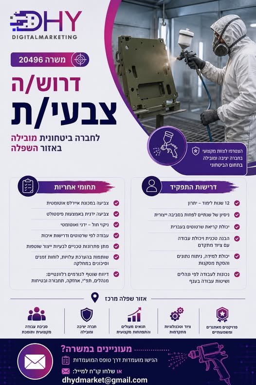 דרוש/ה צבעי/ת לחברה ביטחונית הצטרפו לצוות מקצועי בחברה יציבה ומובילה! דרוש/ה צבעי/ת לאזור שפלה מרכז בסביבת עבודה מקצועית ותומכת עם ציוד וטכנולוגיות מתקדמות! תחומי אחריות: צביעה במכונת איירלס אוטומטית וידנית (פיסטולט), ניקוי חול, ועבודה לפי