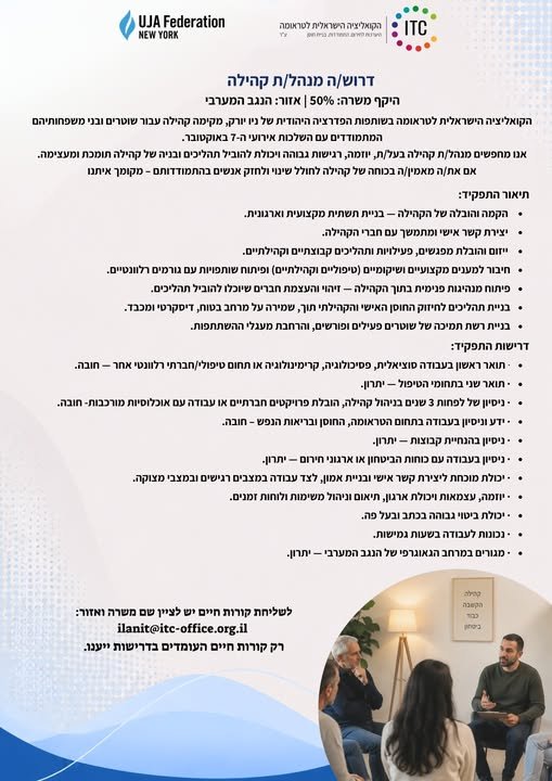 דרושים מנהל/ת קהילה בנגב המערבי! הקואליציה הישראלית לטראומה, בשותפות עם הפדרציה היהודית של ניו יורק, מקימה קהילה תומכת עבור שוטרים ובני משפחותיהם המתמודדים עם השלכות אירועי ה־7 באוקטובר. אנחנו מחפשים מישהו/י עם רגישות, יוזמה ואמונה אמיתית