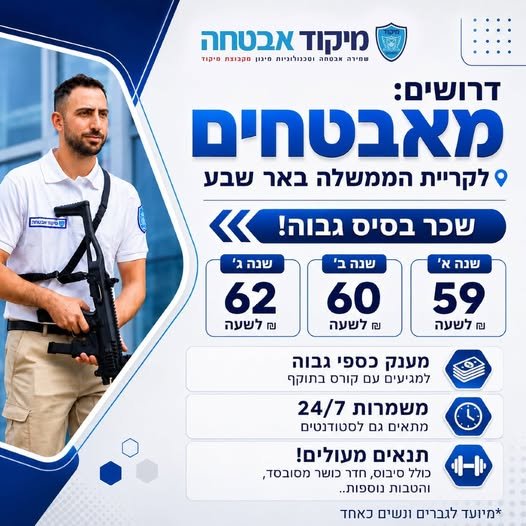 דרושים מאבטחים, לקריית הממשלה באר שבעחברת מיקוד אבטחה מגייסת מאבטחים לקריית הממשלה באר שבע! תנאי עבודה מעולים כולל חדר כושר מסובסד, סיבוס, מענקים ועוד
