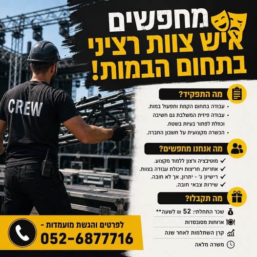 דרושים איש צוות רציני בתחום הבמות! מה התפקיד? • עבודה בתחום הקמת ותפעול במות. • עבודה פיזית המשלבת גם חשיבה ויכולת לפתור בעיות בשטח. • הכשרה מקצועית על חשבון החברה. מה אנחנו מחפשים? מוטיבציה ורצון ללמוד מקצוע. אחריות, חריצות ויכולת עבודה בצ בבית שמש