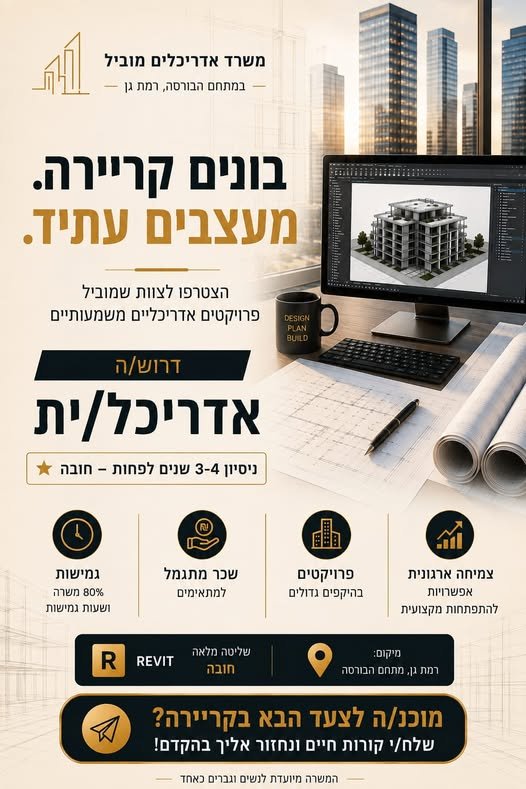 דרוש/ה/ת את הצעד הבא בקריירה שלך? משרד אדריכלים מוביל במתחם הבורסה ברמת גן מגייס אדריכל/ית להצטרפות לצוות מקצועי ואיכותי
