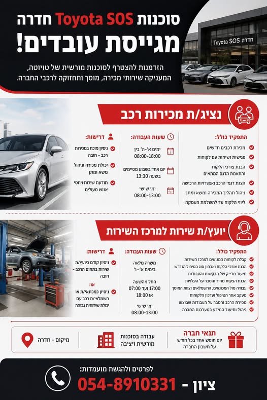 דרוש/ה עובדים! הזדמנות להצטרף לסוכנות מורשית של טויוטה, המעניקה שירותי מכירה, מוסך ותחזוקה לרכבי החברה. נציג/ת מכירות רכב בחדרה