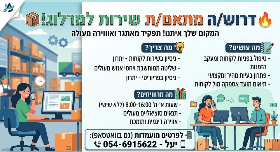 דרוש/ה מתאם/ת שירות למ לוג המקום ve איחנון תפקיד מאתגר ואוווירה מעולה as and עושים? i - טיפול בפניות לקוחות ומעקב - ניסיון בשירות nape) - יתרון = הזמנות - שליטה ממוחשבת ויחסי אנוש מעולים - פתרון בעיות מהיר ומקצועי - ניסיון בפריוריטי - יתרון בברקן