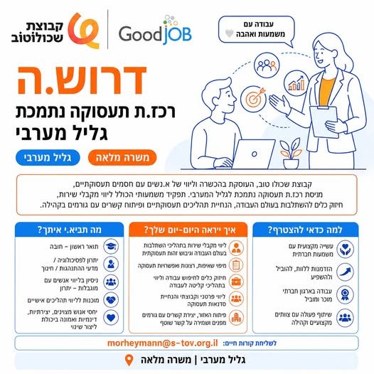 דרוש/ה.ה רכז.ת תעסוקה נתמכת גליל מערבי משרה מלאה Jt גליל מערבי וקבוצת MDW טוב,העוסקת בהכשרה ויוי של .נש עס חסמים תעסוקתיים, מניסת רכז.ת תעסוקה נתמכת לגליל המערבי. תפקיד משמעותי הכולל ליוו מקבלי שירות, הנחיית תהליכים תעסוקתיים ופיתוח קשרים