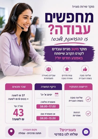 דרוש/ה עובדים לקורס הקרוב שייפתח באמצע חודש יולי! שלטה טבה = צותמוהה ו7 היקף המשרה בעפולה