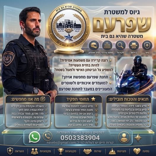 דרושים שירות עם משמעת אתגר ועשייה אמיתית?* מגייסים עכשיו לתחנת שפרעם – מחוז צפון! סיור ובילוש ואופנועים עשייה אמיתית בשטח, השפעה יומיומית, גאווה במדים. גזרה מרכבת ומעניינת: עבודה דינמית בלב השטח, בסביבה שמציבה אתגרים מקצועיים יום - יומיים