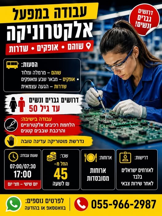 דרושים גברים ונשים עד גיל 50 עבודה בישיבה: הלחמת רכיבים אלקטרוניים והרכבת שבבים קטנים נדרשת מוטוריקה עדינה טובה החל מ־45 באופקים