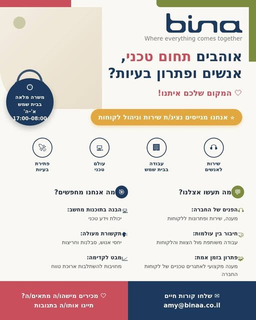 דרושים נציגי שירות. בינה, חברה מקומית, טכנולוגית ומצליחה מחפשת נציגי שירות טכני למוקדי שירות הלקוחות שלנו, למשרה מלאה 8:00 - 17:00 במשרדים בבית שמש. אתם אוהבים לתת שירות ולפתור בעיות טכניות? אנחנו מחפשים אתכם. פרטים במודעה. סופ