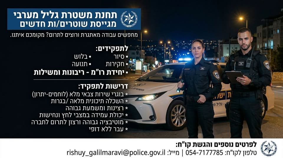 דרוש/ה שוטרים/ות ליחידות השטח: סיור ובילוש וחקירות ותנועה ויחידת רו