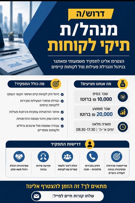 דרוש/ה מנהל/ת תיקי לקוחות בתל אביב