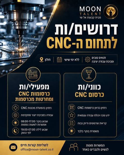 דרושים אנשי CNC מנוסים/ות להשתלבות בסביבת עבודה יציבה ואיכותית. למפעל תעשייתי מקצועי ומתקדם דרושים/ות אנשי CNC מנוסים/ות להשתלבות בסביבת עבודה יציבה ואיכותית.… עוד במרכז