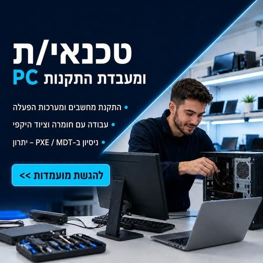 דרוש/ה טכנאי/ת מעבדת התקנות לעבודה באזור כרמיאל מה עושים בתפקיד? מכינים ומתקינים מחשבים עבור משתמשי הארגון מתקינים מערכות הפעלה Windows ו־Linux מבצעים פריסת Images באמצעות PXE / MDT בודקים ומנפקים מחשבים וציוד היקפי קולטים, מתעדים ומארגנים