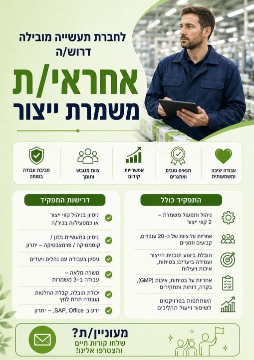 דרוש/ה אחראי/ת משמרת למפעל תעשייתי עבודה ב - 3