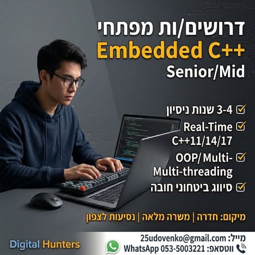 דרושים Senior / Mid Real - Time Embedded C++ Developer! חברה טכנולוגית מובילה בתחום המערכות המולטידיסציפלינריות מורכבות מגייסת מפתח/ת תוכנה מנוסה לסביבת **Real - Time Embedded** בחדרה! מה כולל התפקיד? • פיתוח תוכנה מורכבת ב - C++ (גרסאות 11/14