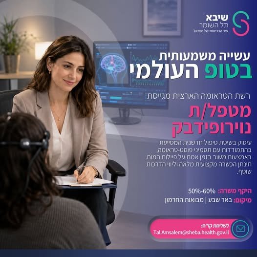 דרוש/ה מטפל/ת נוירופידבק למרפאות טיפול בטראומה. לתפקיד שמשלב ליווי מטופלים, תפעול מערכת נוירופידבק ועבודה טיפולית רגישה ומקצועית. תינתן הכשרה מקצועית מלאה וליווי הדרכות שוטף בבאר שבע