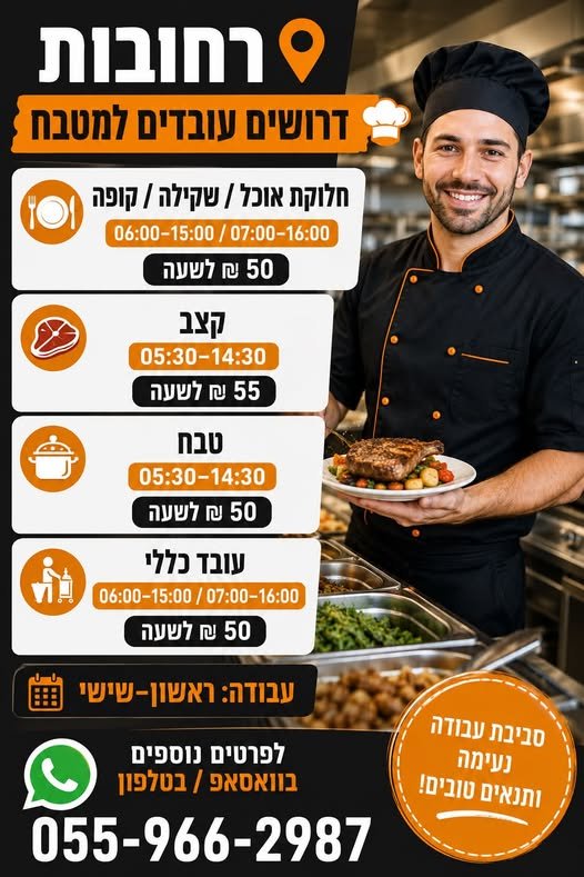 דרושים עובדים למטבח חלוקת אוכל / שקילה / קופה 06:00–15:00 / 07:00–16:00 50 ברחובות