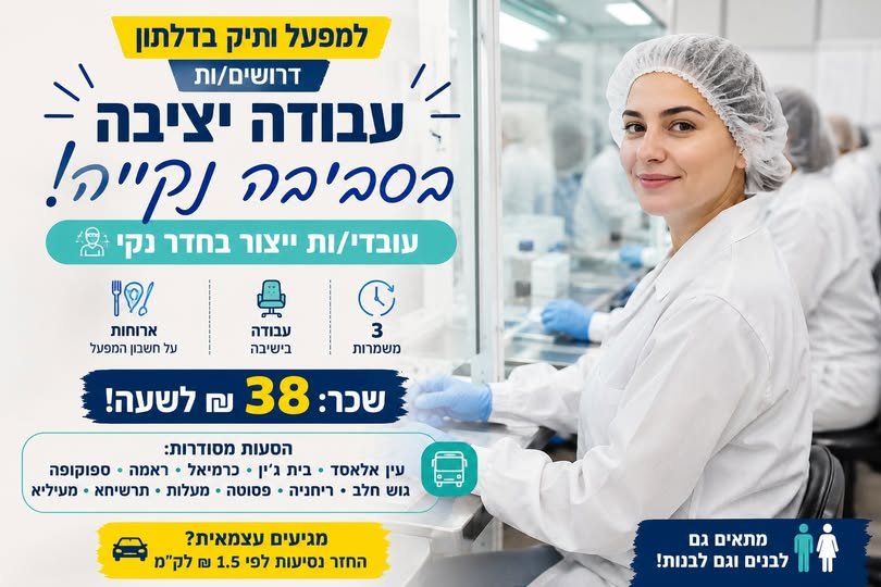 דרושים עובדי/ות ייצור לחדר נקי בדלתון