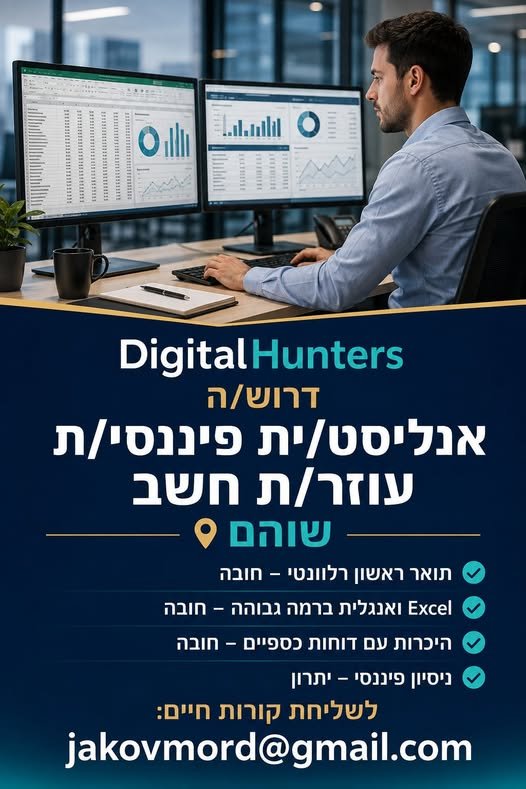 דרוש/ה אנליסט/ית פיננסי/ת / עוזר/ת חשב לתפקיד מקצועי ומשמעותי.מה כולל התפקיד?• הכנת דוחות תקציב, רווח והפסד וניתוח ביצוע מול תקציב אנליסט/ית פיננסי/ת / עוזר/ת חשב ושוהםלחברה מובילה בתחום המשקאות דרוש/ה אנליסט/ית פיננסי/ת / עוזר/ת חשב לתפקי בלוד