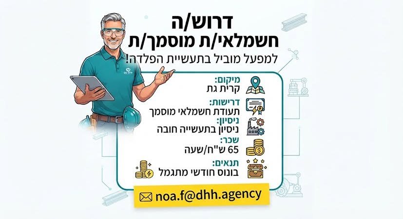 דרוש/ה חשמלאי/ת מוסמך/ת למפעל מוביל בתעשיית הפלדה! אנחנו מחפשים חשמלאי/ת מקצועי/ת ובעל/ת ניסיון לתפקיד מאתגר ודינמי בליבה של תעשיית הפלדה. אצלנו, הניסיון והבגרות מהווים יתרון משמעותי – מחפשים ידיים טובות, ראש גדול ויכולת עבודה אמיתית בשטח! בשפלה
