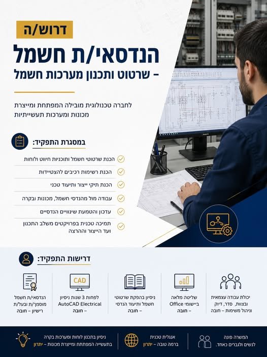 דרוש/ה הנדסאי/ת חשמל שרטוט ותכנון מערכות חשמל לחברה טכנולוגית מובילה המפתחת ומייצרת מכונות ומערכות תעשייתיות דרוש/ה הנדסאי/ת חשמל לתפקיד הכולל שרטוט, תכנון ותיעוד הנדסי של מערכות חשמל. במסגרת התפקיד: הכנת שרטוטי חשמל למכונות ומערכות תעשייתי ברחובות