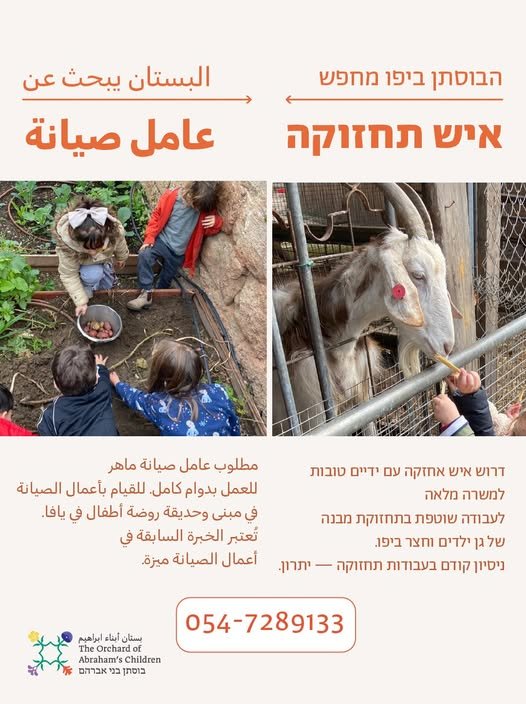דרוש/ה איש תחזוקה ידיים טובות? אוהבים לעבוד עם הידיים? עבודה משמעותית בסביבה חינוכית נעימה משרה מלאה תחזוקה שוטפת של מתחמי הבוסתן טיפול וניקיון חצר החיות תיקונים קטנים שינוע ציוד ומזון בין מוסדות ביפו ניסיון קודם – יתרון מתאים למי שמחפש/ת עבו
