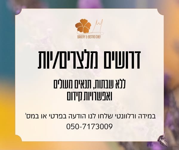 דרושים מלצרים למשרה מלאה ללא שבתות ושישי ערב כסף טוב מענק התמדה לאחר 7חודשי עבודה 18+ בכרמיאל