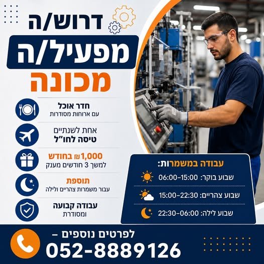 דרוש/ה מפעיל/ת מכונה עם ניסיון באזור תעשייה קסריה מה מחכה לך אצלנו? חדר אוכל עם ארוחות מסודרות אחת לשנתיים טיסה לחו״ל רווחת עובד, גיבושים ופעילויות לאורך כל השנה עבודה יציבה לטווח ארוך בחברה חזקה ומובילה בחדרה