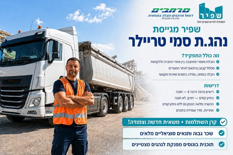 דרוש/ה נהג.ת סמיטריילר למרכז וירושלים רוצה להצטרף לחברה מובילה ויציבה? זו ההזדמנות שלך! מה כולל התפקיד? הובלת חומרי מחצבה לאתרים ברחבי הארץ. ביצוע הובלות בתפזורת