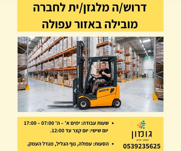 דרוש/ה מלגזן/ית לחברה מובילה באזור עפולה תיאור המשרה: שינוע והכנת חומר גלם במפעל