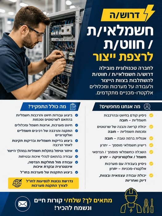 דרוש/ה חשמלאי/ת / חווט/ת לרצפת ייצור לחברה טכנולוגית מובילה לחברה טכנולוגית מובילה דרוש/ה חשמלאי/ת / חווט/ת להשתלבות בצוות הייצור ולעבודה על מערכות ומכלולים אלקטרו־מכניים מתקדמים. מה כולל התפקיד? • ביצוע עבודות חיווט והרכבות חשמליות בהתאם ל בראשון לציון