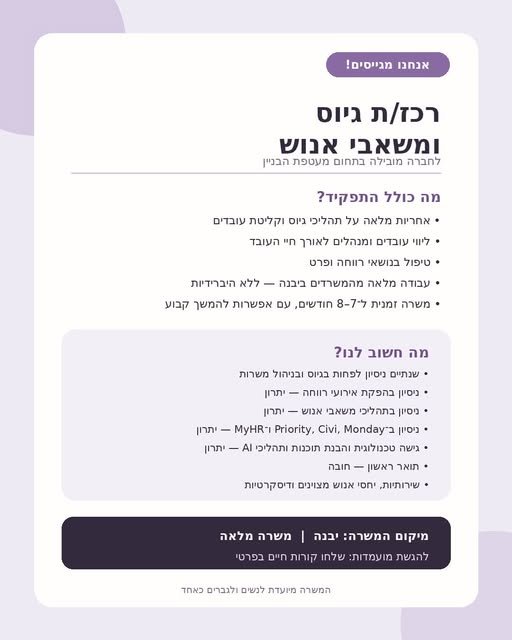 דרוש/ה רכז/ת גיוס ומשאבי אנוש ביבנה