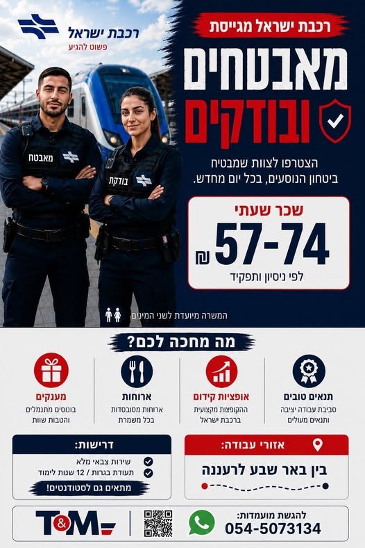 דרושים מאבטחים/ות ובודקים/ות לרכבת ישראל בהרצליה