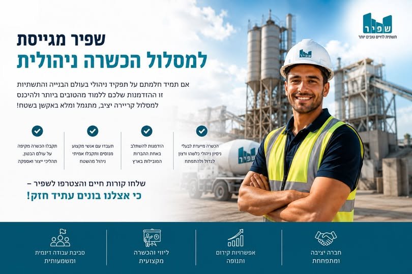 דרוש/ה למסלול הכשרה ניהולית – מסלול ייחודי למי שרוצה להתפתח, ללמוד ולהתקדם לתפקידי ניהול משמעותיים בשטח. מה כולל התפקיד? • הכשרה מקצועית ומעשית בעולם הבנייה והתשתיות • עבודה לצד מנהלים ואנשי מקצוע מנוסים • התנסות בניהול תהליכים ומשימות בשטח בנתניה