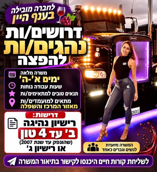 דרושים נהגים/ות להפצה! מחפשים עבודה יציבה בחברה מובילה? הצטרפו אלינו! משרה מלאה וימים א׳–ה׳ בשפלה
