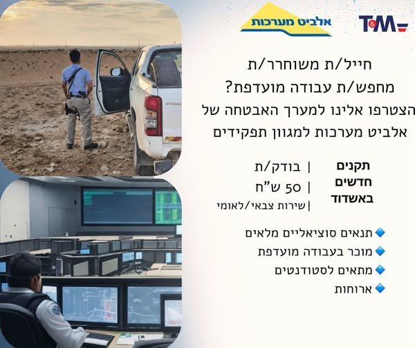 דרוש/ה עבודה יציבה ומתגמלת? אלביט מערכות באשדוד מגייסת בודק/ת ביטחוני/ת 50